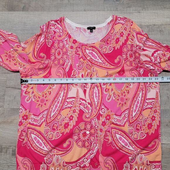 Talbots Paisley Cardigan Button Up Knit Sweater 2X Pink Crew Neck Preppy Classic - Picture 5 of 6